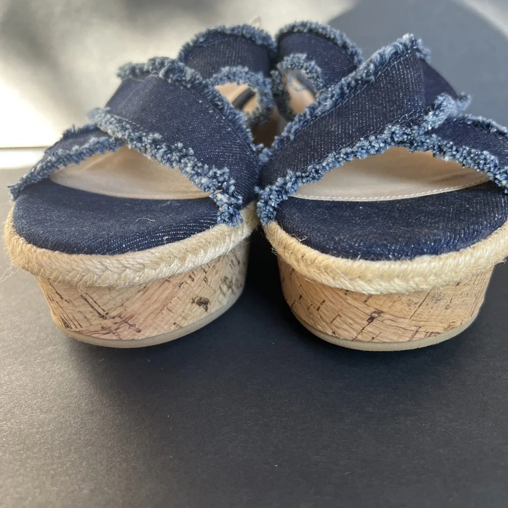 PELLE MODA Denim Frayed Blue Slip On Cork Wedge Espadrille Sandals Shoes Sz 9.5